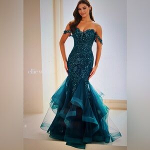 ellie wilde EW 36047 Teal Sequined Mermaid Gown with Ruffled Tulle Skirt